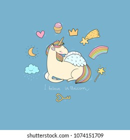 Unicorn and magic things. Mythical creature. Design for children's clothing.