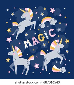 Unicorn magic vector greeting card. Magic background.