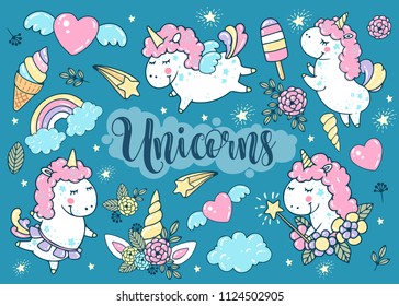 Unicorn magic vector set colorful illustration. Mythic horse unicorn with horn, heart, wings, stars, ice creams, clouds collection.