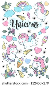 Unicorn magic vector set colorful illustration. Mythic horse unicorn with horn, heart, wings, stars, ice creams, clouds collection.