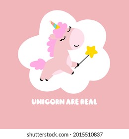 A unicorn with a magic wand. Cute vector greeting card