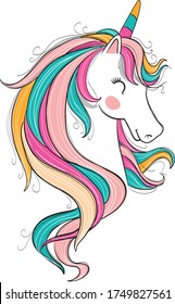 unicorn with magic wavy hair. In her hair, pink, blue, yellow, orange colors were used. a cute unicorn with colorful horns and a smiley face