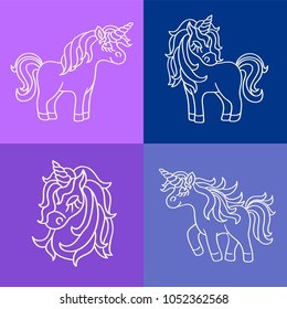 Unicorn magic white outline sketch set on the purple blue background