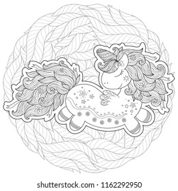 Unicorn magical animal. Black, white. Coloring book page for adult and kids. Zentangle Illustration. Fairytale, amazing wonderland