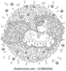 Unicorn magical animal. Black, white. Coloring book page for adult and kids. Zentangle Illustration. Fairytale, amazing wonderland