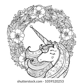 Unicornio. Animal mágico. Obra vectorial. Blanco y negro. Coloriendo páginas de libros para adultos y niños. Carácter gracioso. Ilustración de Zentangle. Boho, bohemio. Concepto de cuento de hadas, maravillosa tierra