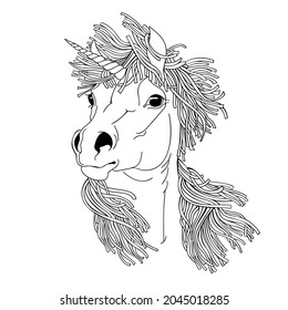 Unicorn. Magical animal. Vector artwork. Black and white. Coloring book pages for adults and kids. Love bohemia concept for wedding invitation card, ticket, branding, boutique logo, label.