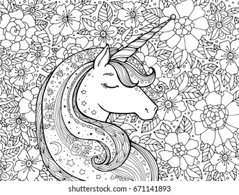 Unicorn. Magical animal. Vector artwork. Black and white. Coloring book pages for adults and kids. Funny character. Zentangle Illustration. Boho, bohemian. Fairytale concept, amazing wonderland
