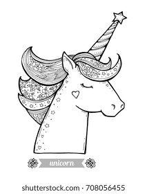 Unicorn. Magical animal. Vector artwork. Black and white. Coloring book pages for adults and kids. Funny character. Zentangle Illustration. Boho, bohemian. Fairytale concept, amazing wonderland
