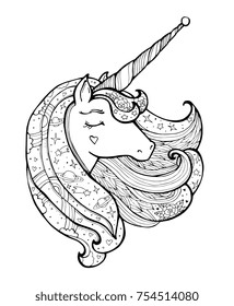 Unicorn . Magical animal. Vector artwork. Black and white. Coloring book pages for adults and kids. Funny character. Zentangle Illustration. Boho, bohemian. Fairy tale concept, amazing wonderland