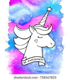 Unicorn. Magical animal. Vector artwork. Watercolor background. Coloring book page for adult, kid. Fairy tale. Love bohemian concept for greeting, invitation card, branding, print, poster, logo, label