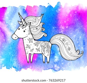 Unicorn. Magical animal. Vector artwork. Watercolor background. Coloring book page for adult, kid. Fairy tale. Love bohemian concept for greeting, invitation card, branding, print, poster. Pink, blue