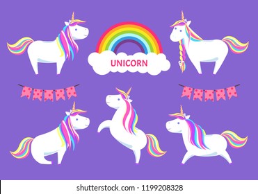 Unicorn and magical creature decorative clouds with rainbow and text vector. Decor of colorful flags, animal running sitting and standing jumping