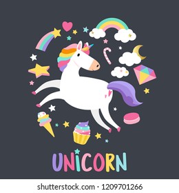 Unicorn with magical elements vector