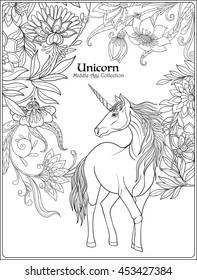 Unicorn in magical garden. Vintage decorative floral pattern background. Colored Vector illustration. Coloring book for adult and older children. Outline drawing coloring page.