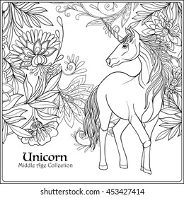 Unicorn in magical garden. Vintage decorative floral pattern background. Colored Vector illustration. Coloring book for adult and older children. Outline drawing coloring page.