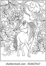 Unicorn in magical garden. Vintage decorative floral pattern background. Colored Vector illustration. Coloring book for adult and older children. Outline drawing coloring page.