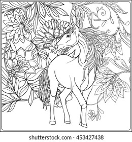 Unicorn in magical garden. Vintage decorative floral pattern background. Colored Vector illustration. Coloring book for adult and older children. Outline drawing coloring page.