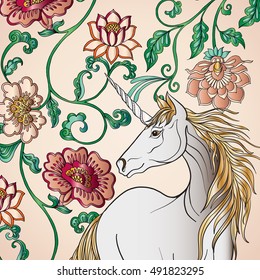 Unicorn in magical garden. Vintage decorative floral pattern background. Colored Vector illustration. Good for greeting card for birthday, invitation or banner