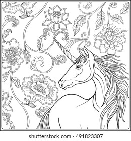 Unicorn in magical garden. Vintage decorative floral pattern background. Colored Vector illustration. Coloring for adult and older children. Outline drawing page.