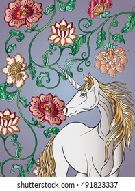 Unicorn in magical garden. Vintage decorative floral pattern background. Colored Vector illustration. Good for greeting card for birthday, invitation or banner