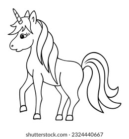 Unicorn. A magical horse with a magnificent mane and tail. Sketch. Vector illustration. Doodle style. Pony girl with a horn on her forehead. Coloring book. Outlines on an isolated background. 