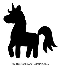 Unicorn. A magical horse with a magnificent mane and tail. Silhouette. Vector illustration. A pony girl with a horn on her forehead beats her hoof on the ground. Outlines on an isolated background.