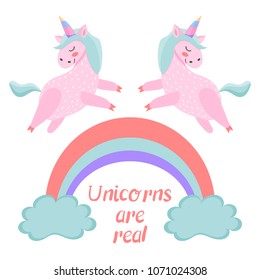 Unicorn. Magical. Really. Pink. Children's, for printing on cards and prints on clothes. Bright