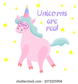 Unicorn. Magical. Really. Pink. Children's, for printing on cards and prints on clothes. Bright
