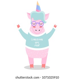 Unicorn. Magical. Really. Pink. Children's, for printing on cards and prints on clothes. Bright