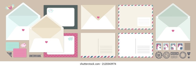 Unicorn mail. Big set of letters, envelopes, cards and post stamps. Cartoon style. Cute unicorns theme.  