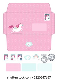 Unicorn mail. Set of post stamps and envelope template for laser cutting, plotter die. Cartoon style. Cute unicorns. Perfect for DIY layout.