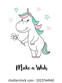 Unicorn make a wish. Vector unicorn quote illustration