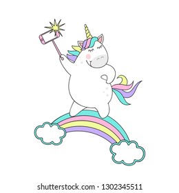 Сute unicorn makes selfie.Sweet magic with a unicorn, rainbow, stars.Vector illustration.