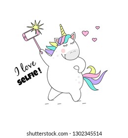 Сute unicorn makes selfie.Sweet magic with a unicorn, rainbow, stars.Vector illustration.