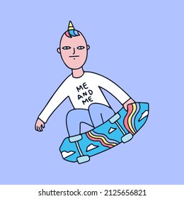 Unicorn man freestyle with skateboard, illustration for t-shirt, sticker, or apparel merchandise. With retro and cartoon style.