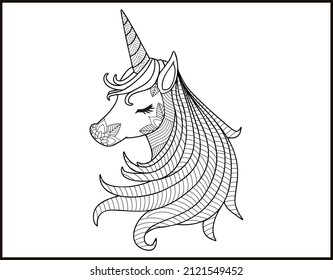Unicorn Mandala vector and coloring page, doodle stylized unicorn head