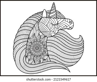 Unicorn Mandala vector and coloring page, doodle stylized unicorn head