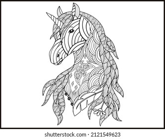 Unicorn Mandala vector and coloring page, doodle stylized unicorn head