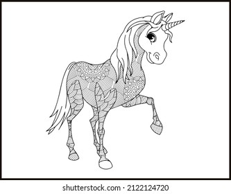 Einicorn-Mandala-Vektor- und Farbseite, Doodle-stilisierte Einhorn-Kopfseite