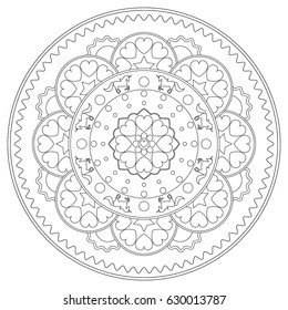 Unicorn mandala vector illustration. Black and white. Ornament, abstract pattern, geometric shapes, hearts, stars, decorative elements. For coloring or background for design.