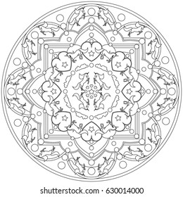 Unicorn mandala vector illustration. Black and white. Ornament, abstract pattern, geometric shapes, hearts, stars, clouds, decorative elements. For colouring or background for design.