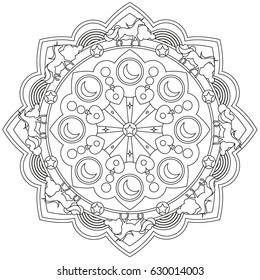 Unicorn mandala vector illustration. Black and white. Ornament, abstract pattern, geometric shapes, hearts, moon, stars, rainbows, decorative elements. For coloring or background For Design.