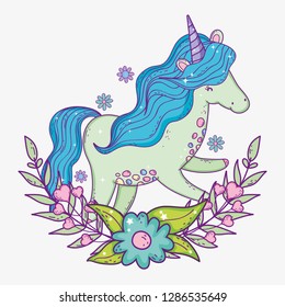 unicorn with mane and branches leaves with flower