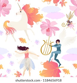 Unicorn with mane in shape of viburnum leaves, winged elf plays the lyre and fairies  isolated on white background seamless vector pattern. Print for fabric, wallpaper. Vintage background.