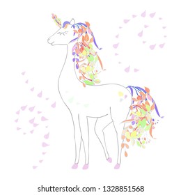 Unicorn with a mane and tail made of flowers. Vector illustration.