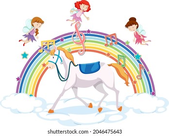 Unicorn and many fairies on the cloud with rainbow illustration