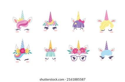 Unicorn masks set with different cute accessories and flower. Designs collection for prints or photo booth props, flat vector illustration isolated on white background.