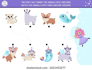 Unicorn matching activity with cute fantasy creatures with horns. Funny fairytale puzzle with cat, dog, whale, llama. Match the animals game or printable worksheet. Magic world match up page
