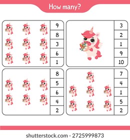 Hoja de trabajo educativa de recuento de matemáticas de unicornio